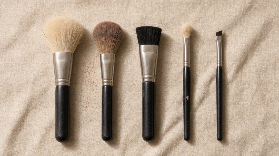pięć pędzli do makijażu na start — puder, bronzer, podkład, cienie, brwi