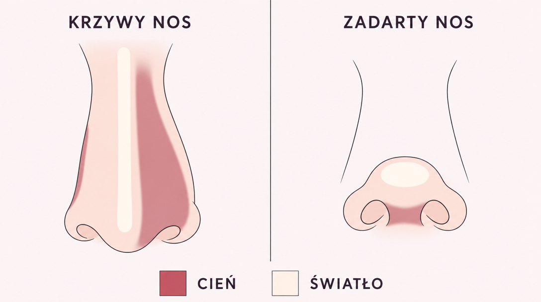 jak konturować krzywy i zadarty nos — schemat rozmieszczenia cienia i światła
