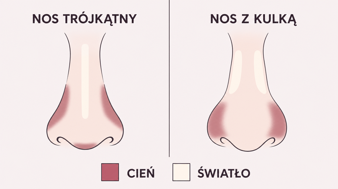 jak zmniejszyć nos trójkątny i zaokrąglony makijażem — schemat konturowania