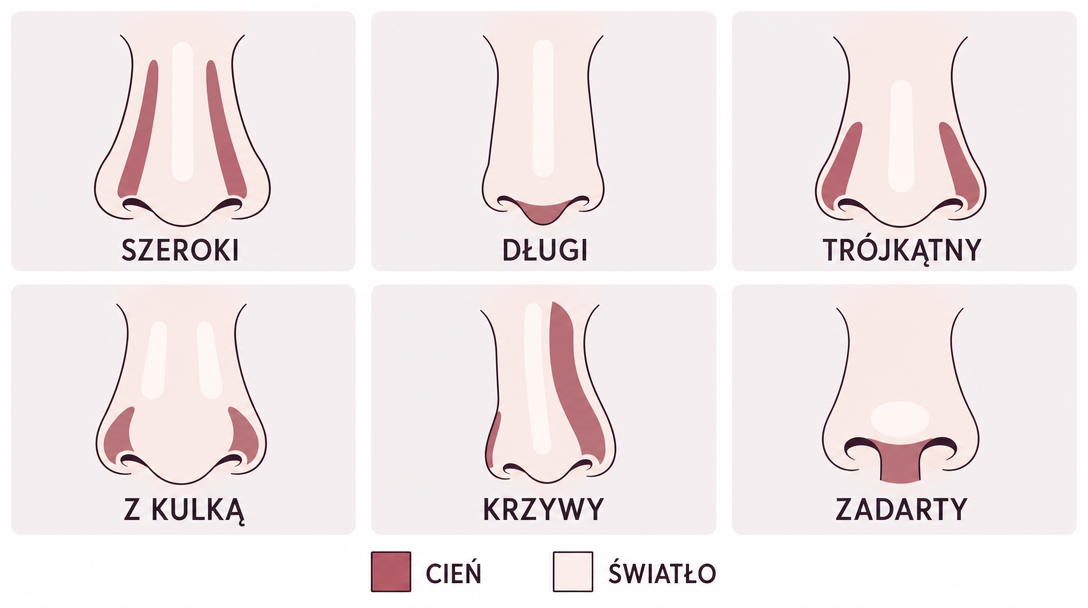 sześć typów nosa i konturowanie każdego z nich — szeroki, długi, trójkątny, z kulką, krzywy, zadarty