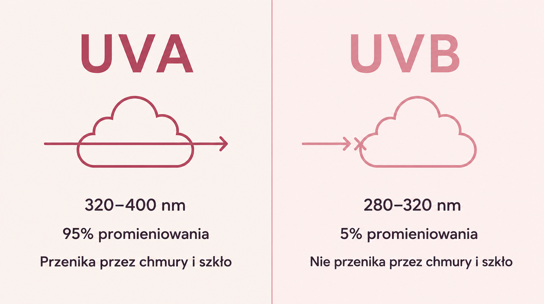 porównanie promieniowania UVA i UVB — długość fal, udział w promieniowaniu, przenikanie przez chmury i szkło
