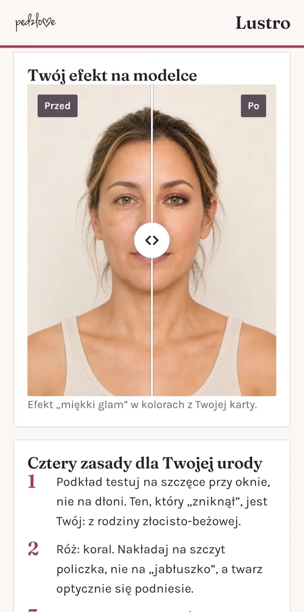 Ekran Lustra: efekt makijażu na modelce przed i po