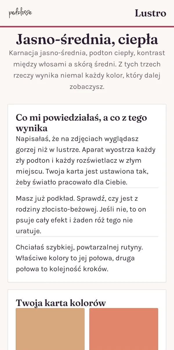 Ekran Lustra: wynik z typem urody